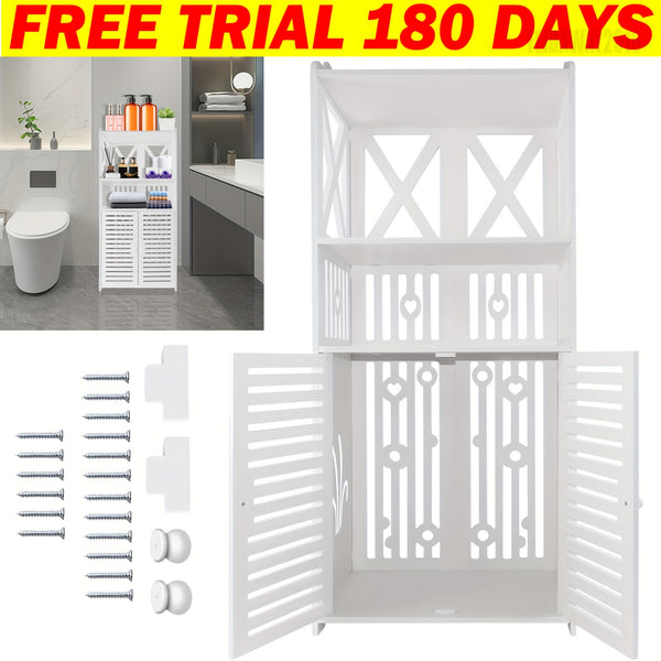 Bathroom Floor Cabinet Shelf FreeStanding Bathroom Storage Unit with Daily Use Layer And Cupboard Double Door, Multi-purpose PVC Cabinet for Store Toilet Paper, Shampoo, White 40x 25x 90cm