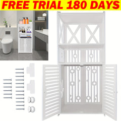Bathroom Floor Cabinet Shelf FreeStanding Bathroom Storage Unit with Daily Use Layer And Cupboard Double Door, Multi-purpose PVC Cabinet for Store Toilet Paper, Shampoo, White 40x 25x 90cm