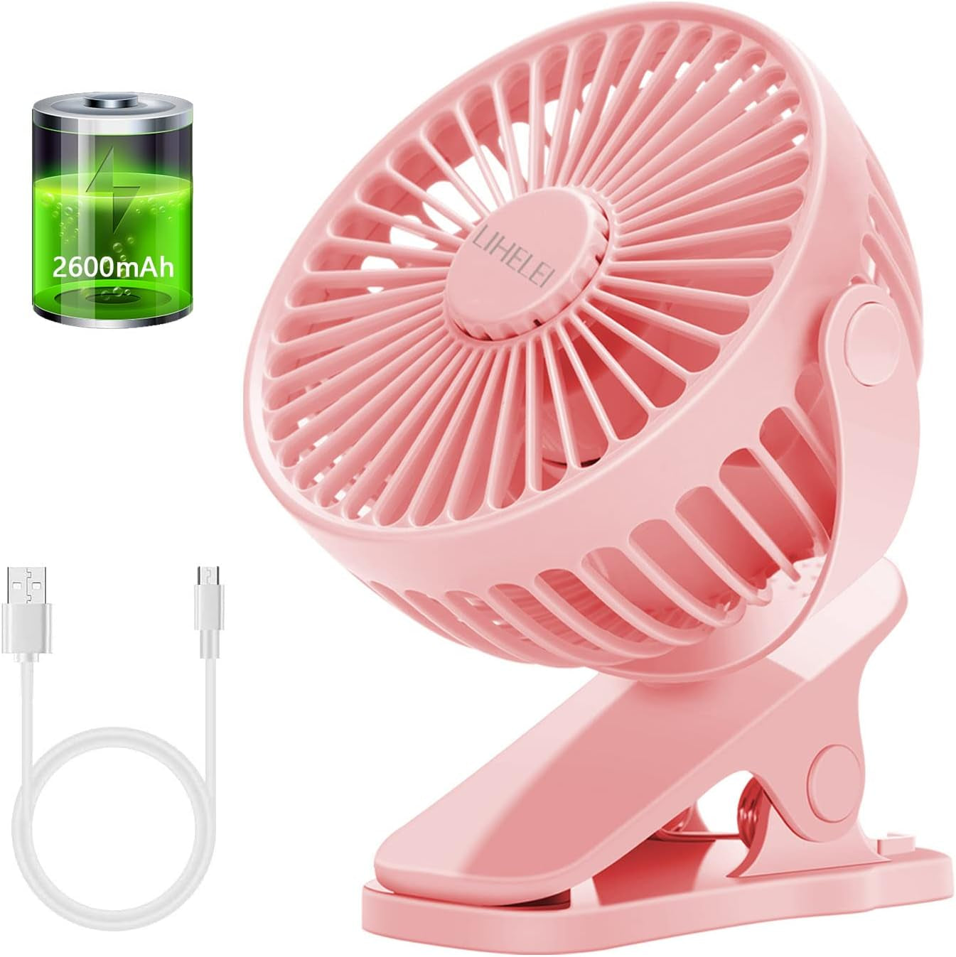 Portable USB Desk Fan - Rechargeable 2600Mah Stroller Fan with Powerful Airflow, Low Noise Clip-On Design for Pram, Camping, Home, Office, Travel_Black