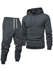 8pcs Men'S Hooded Sweatshirt + Sweatpants Autumn And Spring Casual Sports Suit Solid Color Plain Pullover Regular Long Sleeve Hoodie And Drawstring Elastic Waist Ribbed Ankle Pants