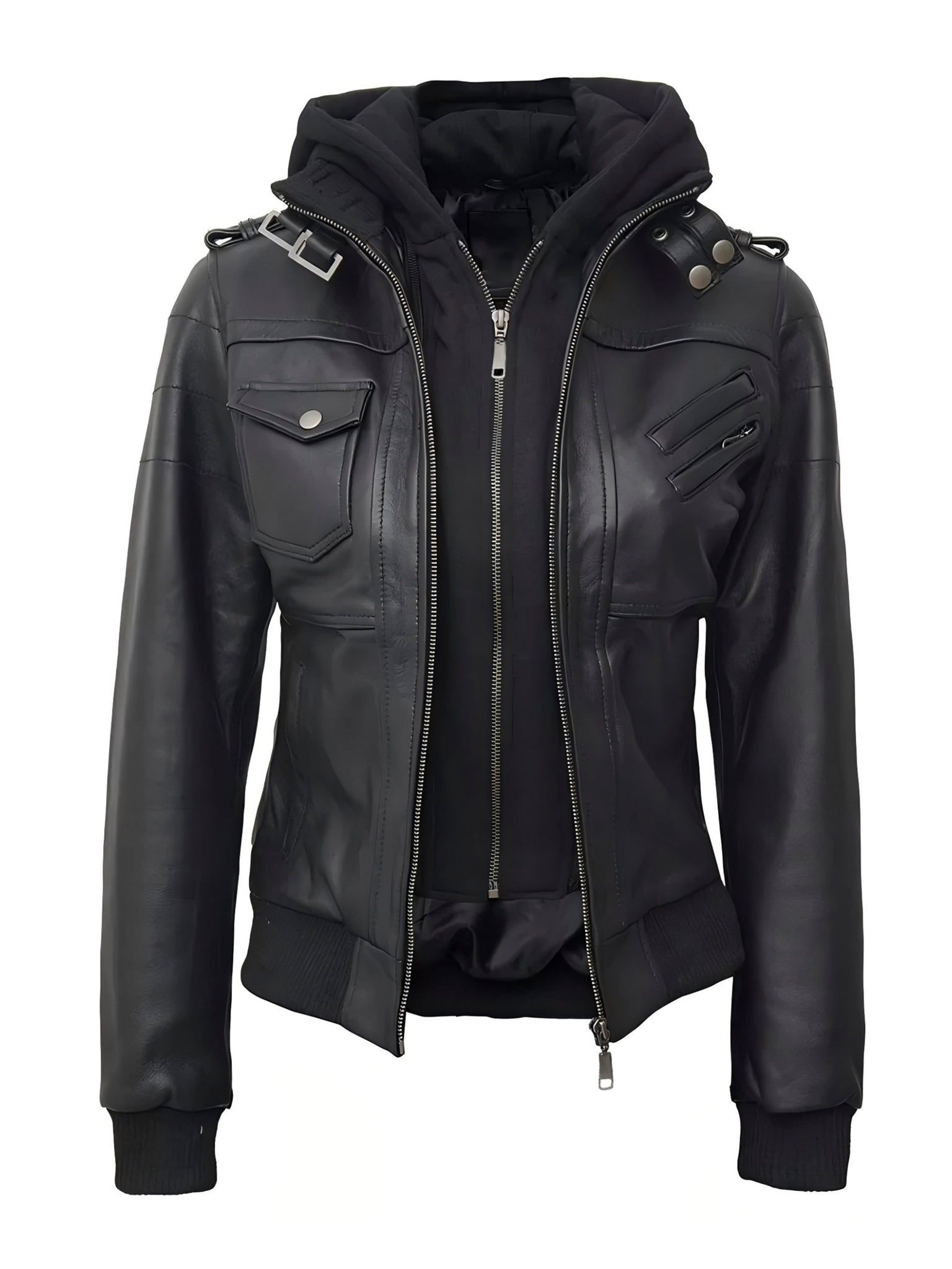 In Stock / Women's PU Jacket Hooded 2-in-1 Look Motorcycle Jacket for Spring and Autumn Wear, Gift, Women's Jacket, Casual Women's Coat, Jacket