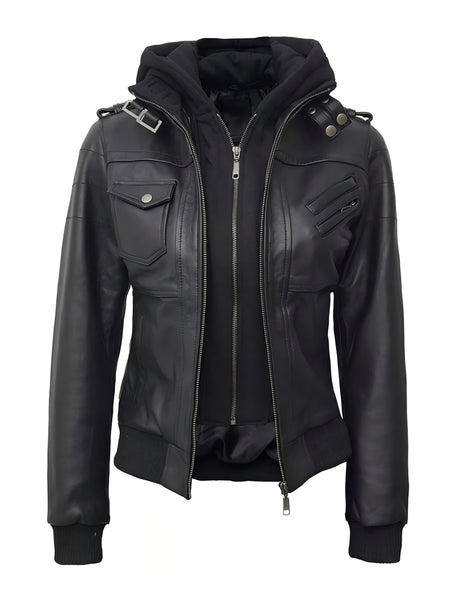 In Stock / Women's PU Jacket Hooded 2-in-1 Look Motorcycle Jacket for Spring and Autumn Wear, Gift, Women's Jacket, Casual Women's Coat, Jacket