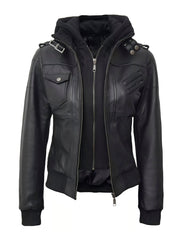 In Stock / Women's PU Jacket Hooded 2-in-1 Look Motorcycle Jacket for Spring and Autumn Wear, Gift, Women's Jacket, Casual Women's Coat, Jacket