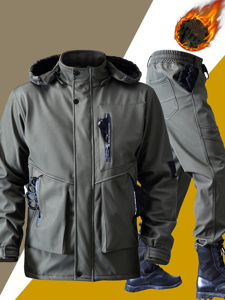 Men's Casual  Set: Warm Fleece-Lined Jacket & Cargo Pants with Zipper Hood - Durable Polyester, Multiple Pockets, Ideal for  & Camping