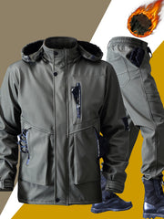 Men's Casual  Set: Warm Fleece-Lined Jacket & Cargo Pants with Zipper Hood - Durable Polyester, Multiple Pockets, Ideal for  & Camping