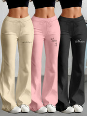 European and American Spring/Summer New Fashion Women's Bottoms: Flared Straight-Leg Pants with Classic English Text Print, Daily Casual Butt-Lifting Peach Butt Long Pants, Three-Piece Set