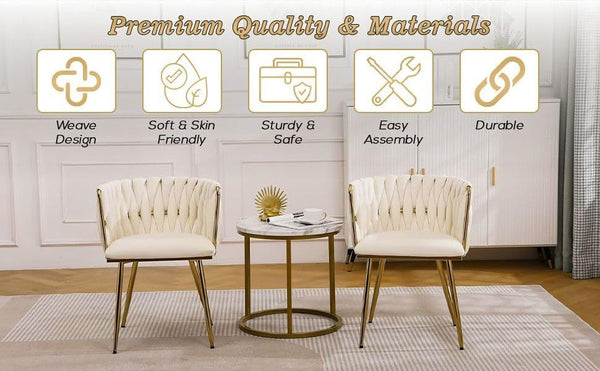 Set of 2 x Luxury Velvet/Metal Upholstered Seat Woven Dining Kitchen Home Restaurant Bar Pub Stool Chair (Cream/Gold)
