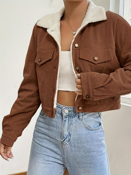 Women'S Short Corduroy And Lamb Jacket for Autumn And Winter, Featuring a Fleece Collar, Versatile Korean-Style Warm Top