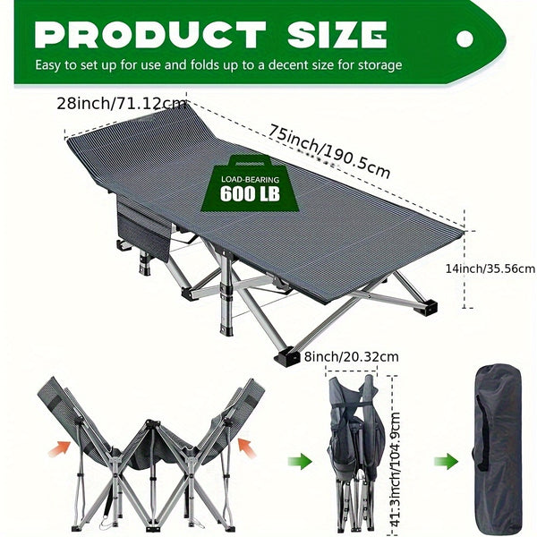 Folding Bed Portable Folding Camping Bed For Adults, Weight Capacity 199.58kg, With Mattress And Side Pocket - Lightweight And Sturdy Frame, Fishing Bed, Suitable For Camping, Home, Office, Travel, Picnic, Family Bed, Compact Design, Large Capacity