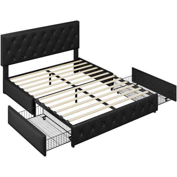 Costoffs Upholstered Bed Frame, Storage Bed Frame, Upholstered Bed Frame with Large Pull-Out Drawers Storage & Height-Adjustable Headboard, Button-tufted Upholstered Bed with Adjustable Headboard, Black