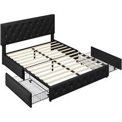 Costoffs Upholstered Bed Frame, Storage Bed Frame, Upholstered Bed Frame with Large Pull-Out Drawers Storage & Height-Adjustable Headboard, Button-tufted Upholstered Bed with Adjustable Headboard, Black