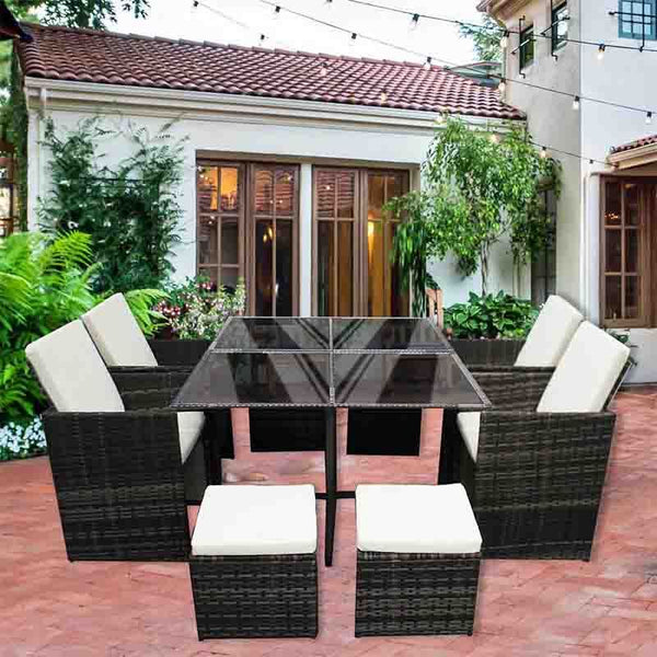 Rattan Garden Furniture Set Cube Dining Table Chair Stool 8 Seater Outdoor Patio