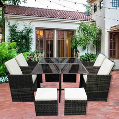 Rattan Garden Furniture Set Cube Dining Table Chair Stool 8 Seater Outdoor Patio