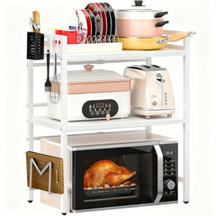2/3-tier Expandable Microwave Oven Rack Countertop with 4 Hooks, Includes A Chopstick Holder, Cutting Board Holder, And 3 Towels. Kitchen Storage And Organization; Adjustable From 40-64cm; Suitable for All Kitchens (black, White).