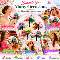12 Folding Fans - Compact Foldable Fans Assorted Designs with Floral and Bird Patterns, Ideal as Gifts and Decorations, Paper Fans