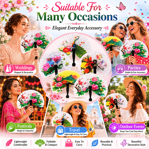 24 Folding Fans - Compact Foldable Fans Assorted Designs with Floral and Bird Patterns, Ideal as Gifts and Decorations, Paper Fans