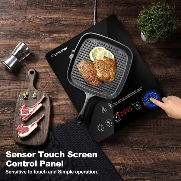 AMZCHEF Single Induction Cooker, Ultra-Thin Induction Hob with Fashion Look, 10-Level Power and Temperature Control, Black Frosted Glass Panel, Touch Sensor, 3-Hour Timer, Safety Lock