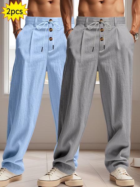 2pcs Men'S Linen Solid Color British Business Casual Straight Leg Pants with Drawstring Elastic Waistband And Button Design Casual Long Trousers Suitable for Outdoor Travel Fitness Exercise And Daily Wear Casual Outdoor Pants Linen Long Pants Lightw