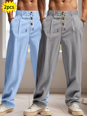 2pcs Men'S Linen Solid Color British Business Casual Straight Leg Pants with Drawstring Elastic Waistband And Button Design Casual Long Trousers Suitable for Outdoor Travel Fitness Exercise And Daily Wear Casual Outdoor Pants Linen Long Pants Lightw