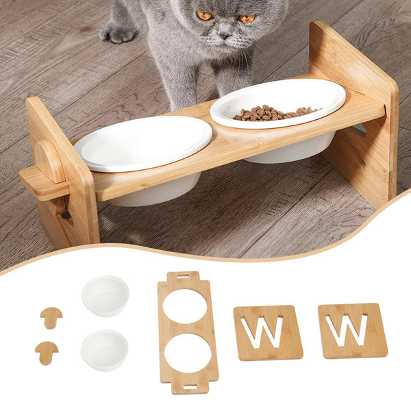 Pets Dog/Cat Bowls with Stand, 1/2/3 Bowls Adjustable Height Elevated Feeder Bowls for Cats and Small Dogs, Wooden Raised Feeding Bowls with Stand