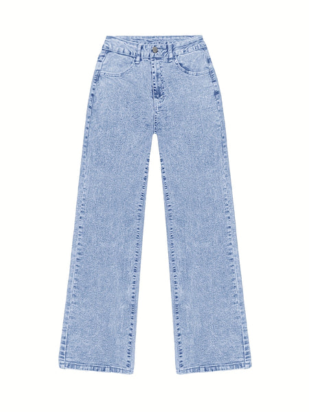 Women's New Fashion Stretchy Straight Jeans, Loose Comfort Fit Wide Leg Jeans, Acid Washed Light Blue Denim Trousers with Pockets, Elegant Women's Clothing, High Waisted Tummy Control Pantalones. Baggy Casual Pants for Travel, Work and Office Wear.