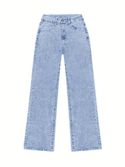 Women's New Fashion Stretchy Straight Jeans, Loose Comfort Fit Wide Leg Jeans, Acid Washed Light Blue Denim Trousers with Pockets, Elegant Women's Clothing, High Waisted Tummy Control Pantalones. Baggy Casual Pants for Travel, Work and Office Wear.
