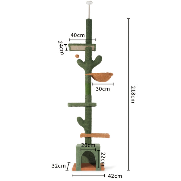 Cactus Cat Tree Floor to Ceiling Cat Tower with Adjustable Height 229Cm-275Cm, 4 Tiers Cat Climbing Activity Center with Cozy Hammock, Platforms And Dangling Balls, Green
