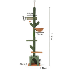 Cactus Cat Tree Floor to Ceiling Cat Tower with Adjustable Height 229Cm-275Cm, 4 Tiers Cat Climbing Activity Center with Cozy Hammock, Platforms And Dangling Balls, Green