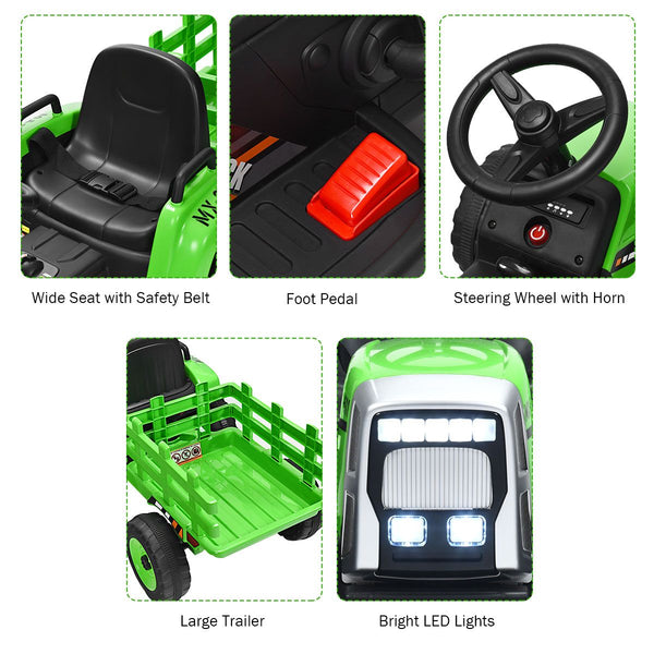 12V Kids Ride on Tractor with Trailer Music and LED Lights