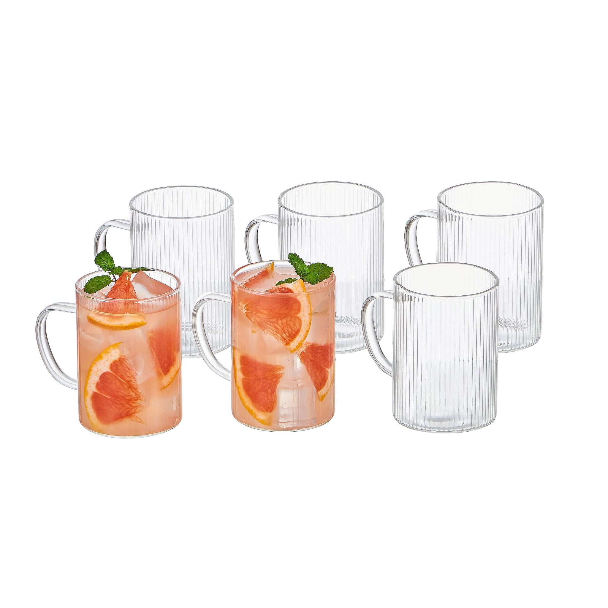 Set of 6 Striped Glass Espresso Shot Cups with Handles (160ml) - Stackable Borosilicate Coffee Glasses, Vertical Ribbed Design, Dishwasher Safe, Shot Glasses for Espresso, mini Desserts