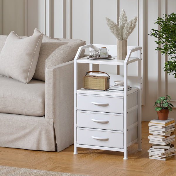 Industrial Rustic End Table with Storage - Nightstand with 3 Fabric Drawers & 2 Shelves, Wood & Metal Bedside Table Suitable for Bedroom, Living Room, Small Spaces - Assembly, Space-Saving