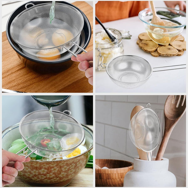 Stainless Steel Colander with Handle, Fine Mesh Food Strainer, Long Handle Metal Strainer, Drain Basket for Rice Pasta Spaghetti Vegetables