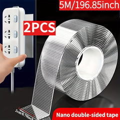 2pcs Industrial Grade Nano Double-Sided Tape, 5-Meter-Long Removable Without Leaving Any Marks, PET Transparent Material, High Viscosity | Strong Load-Bearing | Easy to Tear And Cut | Temperature Resistant, Reusable, Suitable for Home, Office, Car, Office