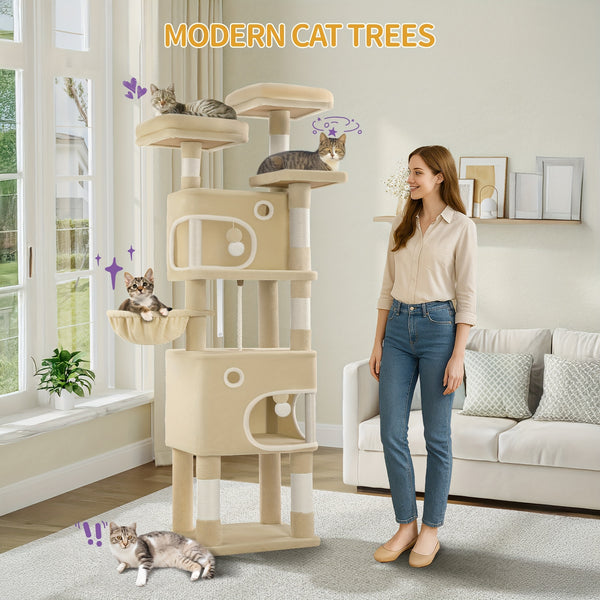 HZUANERI 180cm Multi-Level Cat Tree with 8 Scratching Posts, 3 Platforms, 2 Dens, Basket & Plush Balls - Durable Sisal Rope for Indoor Cats of All Sizes, Space-Saving Design for Climbing, Resting & Play, Cat Climbing Tower, Pet Activity Center, Modern Pet