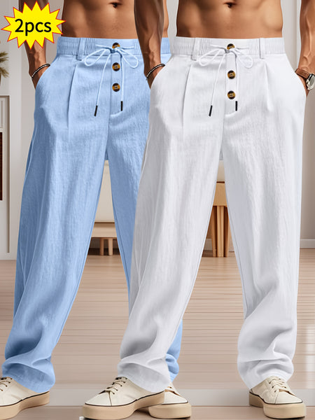2pcs Men'S Linen Solid Color British Business Casual Straight Leg Pants with Drawstring Elastic Waistband And Button Design Casual Long Trousers Suitable for Outdoor Travel Fitness Exercise And Daily Wear Casual Outdoor Pants Linen Long Pants Lightw