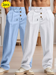2pcs Men'S Linen Solid Color British Business Casual Straight Leg Pants with Drawstring Elastic Waistband And Button Design Casual Long Trousers Suitable for Outdoor Travel Fitness Exercise And Daily Wear Casual Outdoor Pants Linen Long Pants Lightw