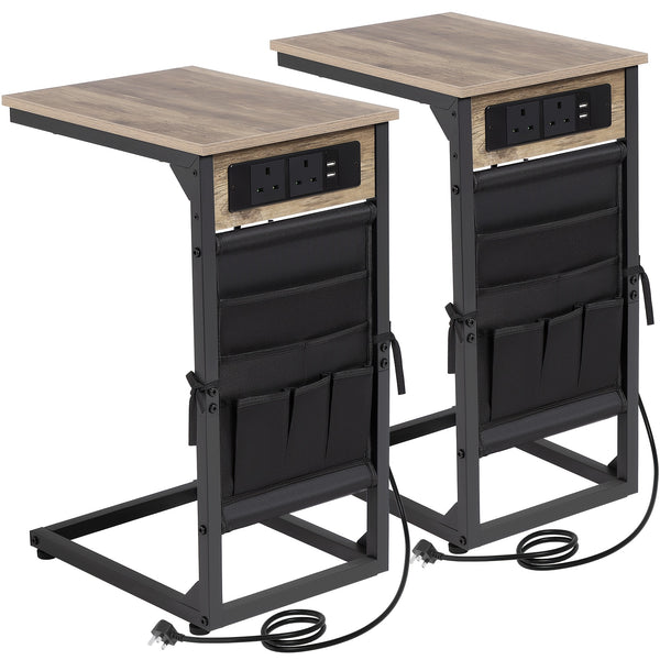 AMHANCIBLE 1pc/2pcs C-Shape Side Table Featuring a Charging Station, Bedside Table with a Storage Pouch, And a Coffee Table with a Metal Frame Suitable for Living Rooms, Bedrooms, And Offices