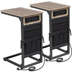 AMHANCIBLE 1pc/2pcs C-Shape Side Table Featuring a Charging Station, Bedside Table with a Storage Pouch, And a Coffee Table with a Metal Frame Suitable for Living Rooms, Bedrooms, And Offices