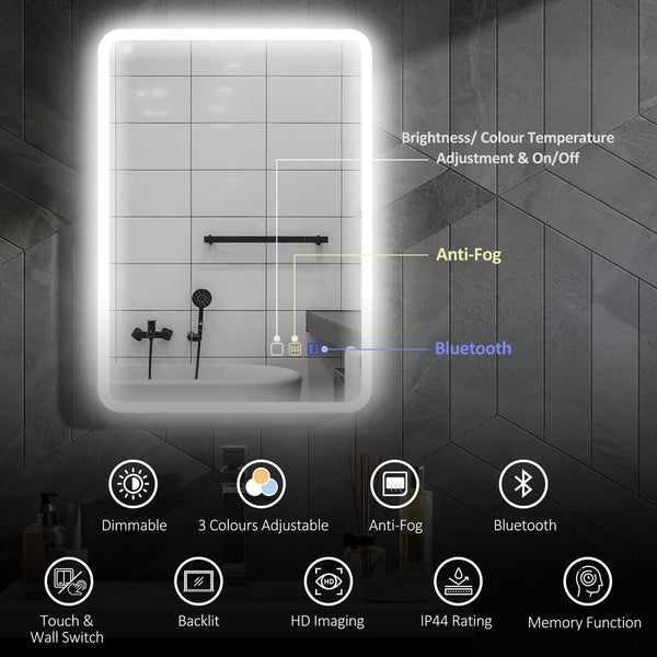 Backlit Illuminated Bathroom Mirror with LED Lights and Bluetooth, Wall Mounted Vanity Mirror with 3 Colours Dimmable, Anti-Fog, Memory Function, Touch Switch, IP44
