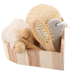 Boxed Heart-Shaped Bath Set - A wooden spa gift kit for bathrooms, featuring a heart-shaped wooden bucket. Includes a loofah, pumice stone, massager, and brush. This natural relaxation and body care kit is ideal for home use and bathroom decoration.