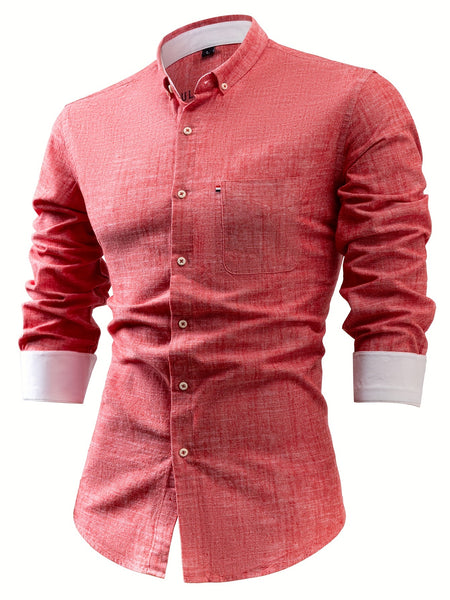 Linen Men'S Casual Shirt Long Sleeve Linen Solid Color Breathable Fashion Men'S Top Blouse Retro Open Front with Pockets