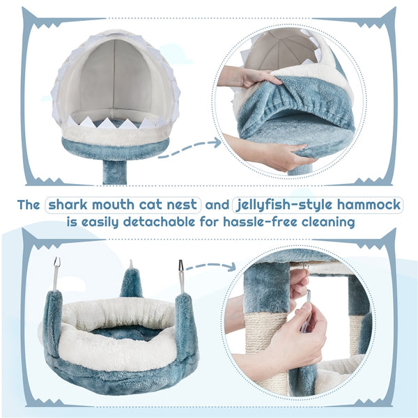 115cm Cat Tree, Tall Ocean-themed Cat Tree, Multi-Level Cat Climbing Tree, Plush Cat Tower with 3 Sisal Scratching Posts, Round Entrance, 3 Perches, Hammock, Cat Tower for Small- to Medium-sized Cats Blue / White