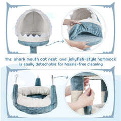 115cm Cat Tree, Tall Ocean-themed Cat Tree, Multi-Level Cat Climbing Tree, Plush Cat Tower with 3 Sisal Scratching Posts, Round Entrance, 3 Perches, Hammock, Cat Tower for Small- to Medium-sized Cats Blue / White