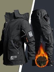 Men'S Thick Fleece Winter Warm Set, Workwear Casual Jacket with Hooded Zipper, Multi-Pocket Jacket, Casual Autumn Winter Men'S Jacket, Long Pants, Fleece Set, Warm Outdoor Hiking, Wear-Resistant