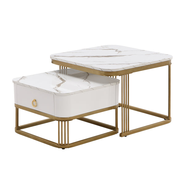 Modern Pedestal Base Space Saving Coffee Table Set of Two, Engineered Wood and Artificial Board Construction, Hardwood, Black Finish, High Gloss Stone Table Top, Metal Golden Accents, with Drawer, Without Electricity, Battery Free.