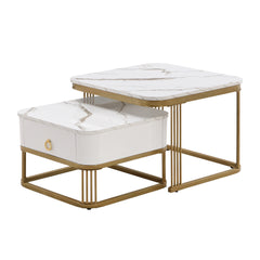 Modern Pedestal Base Space Saving Coffee Table Set of Two, Engineered Wood and Artificial Board Construction, Hardwood, Black Finish, High Gloss Stone Table Top, Metal Golden Accents, with Drawer, Without Electricity, Battery Free.