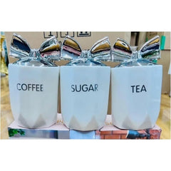 White Silver 3-Piece Marble Effect Ceramic Tea, Coffee & Sugar Canisters – 15x11cm Kitchen Storage Jars with Silver Bow Lid, Crystal Style Containers for Home Décor, Dining Table & Gift Set