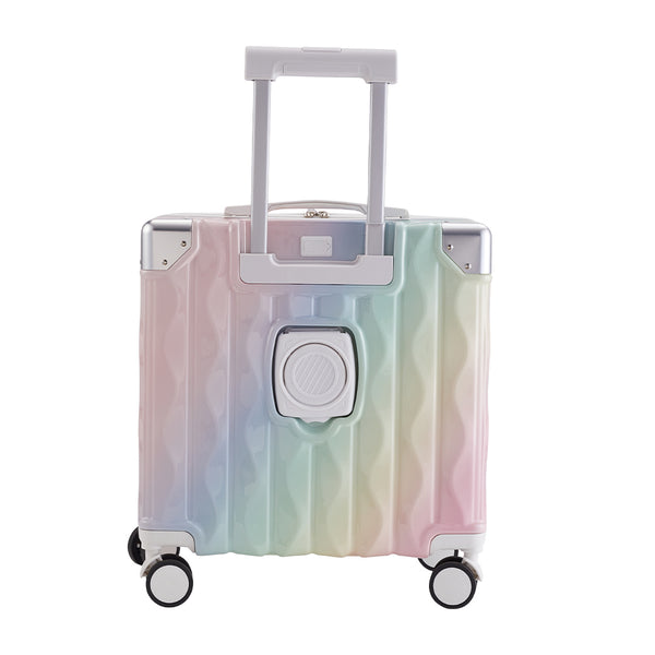 Cabin Luggage, Multifunctional Suitcase, Travel Suitcase, Carry-on Luggage with Cup Holder, Stand, Hook, Dreamy Rainbow Gradient Luggage 18 Inch, Lightweight & Durable Trolley Case with Spinner Wheels