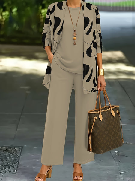 3pcs Women's Set: Abstract Print Cardigan with Vest Top and Elegant Casual Pants, Essential for Casual Attire