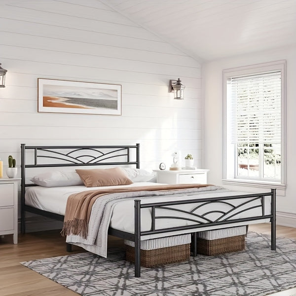 Sleek Black Metal Bed Frame Featuring a Stylish Headboard | Durable Steel Build | Silent Operation | Accommodates Various Mattress Sizes | Perfect for Bedrooms, Dormitories, Or Rental Spaces